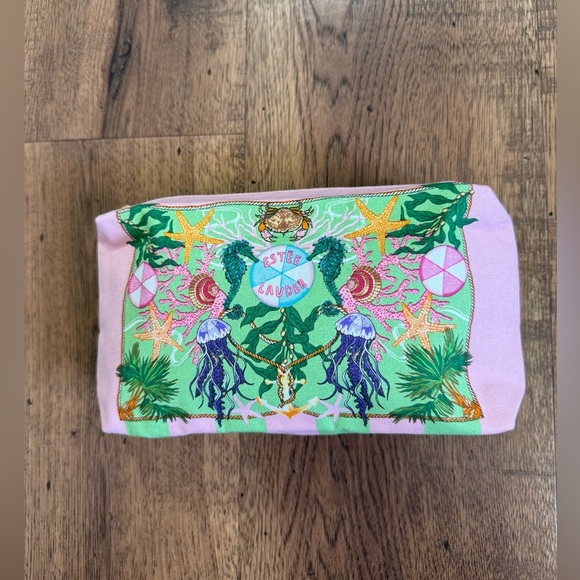 Estee Lauder Handbags - ESTEE LAUDER Recycled Fabric Makeup  Bag Bag Green Pink Striped with Zipper